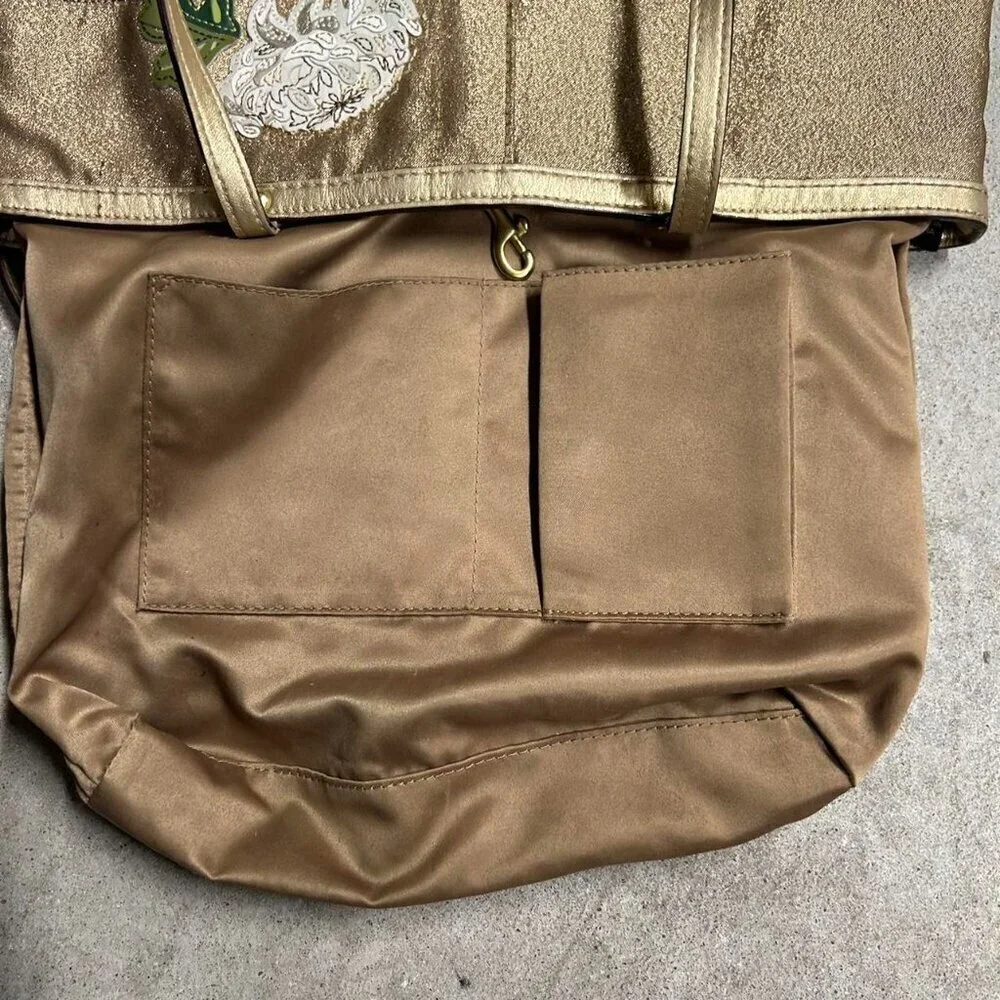 COACH Brown Signature Floral Embroidered Jacquard & Gold Leather Satchel Tote